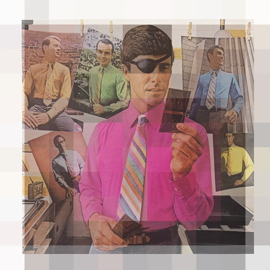 1970s catalog collage: a man with an eyepatch in a hot pink shirt holds up a photo, smaller men in colored shirts pinned around him.