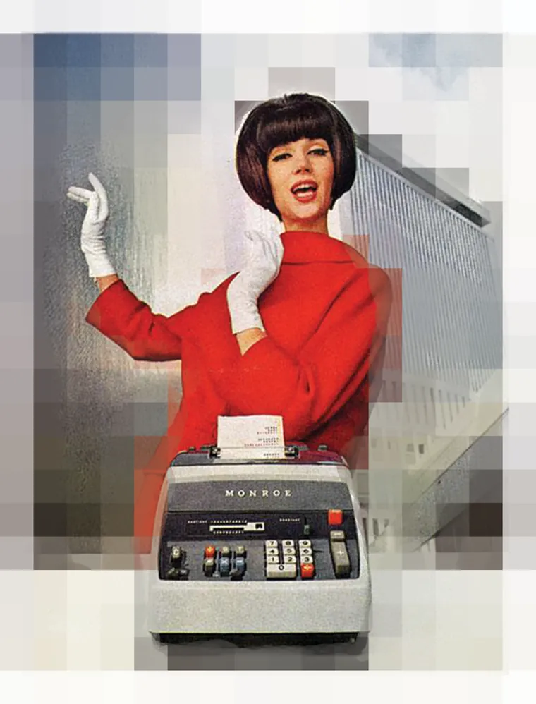 1960s ad photo: a woman in a red sweater and white gloves smiles beside a large adding machine.