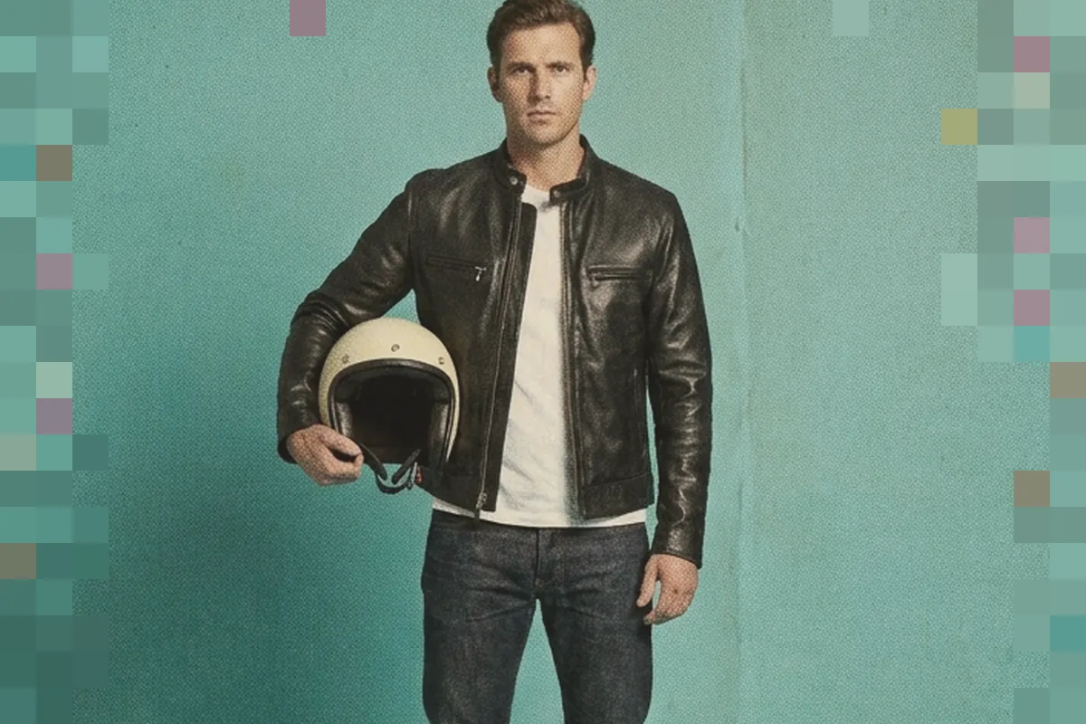 1970s catalog photo: a man in a black leather cafe-racer jacket and jeans holds a motorcycle helmet against a teal backdrop.