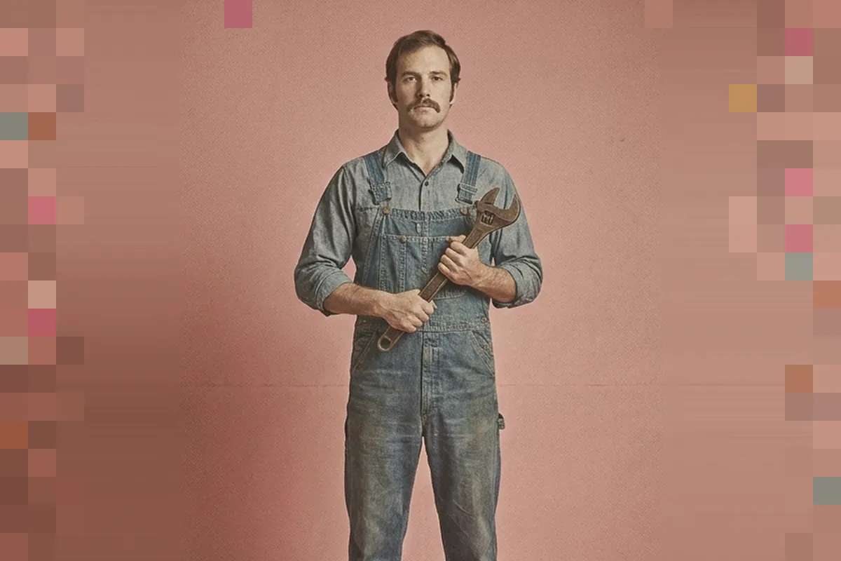 1970s catalog photo: a man in denim bib overalls holds a large wrench against a rose backdrop.