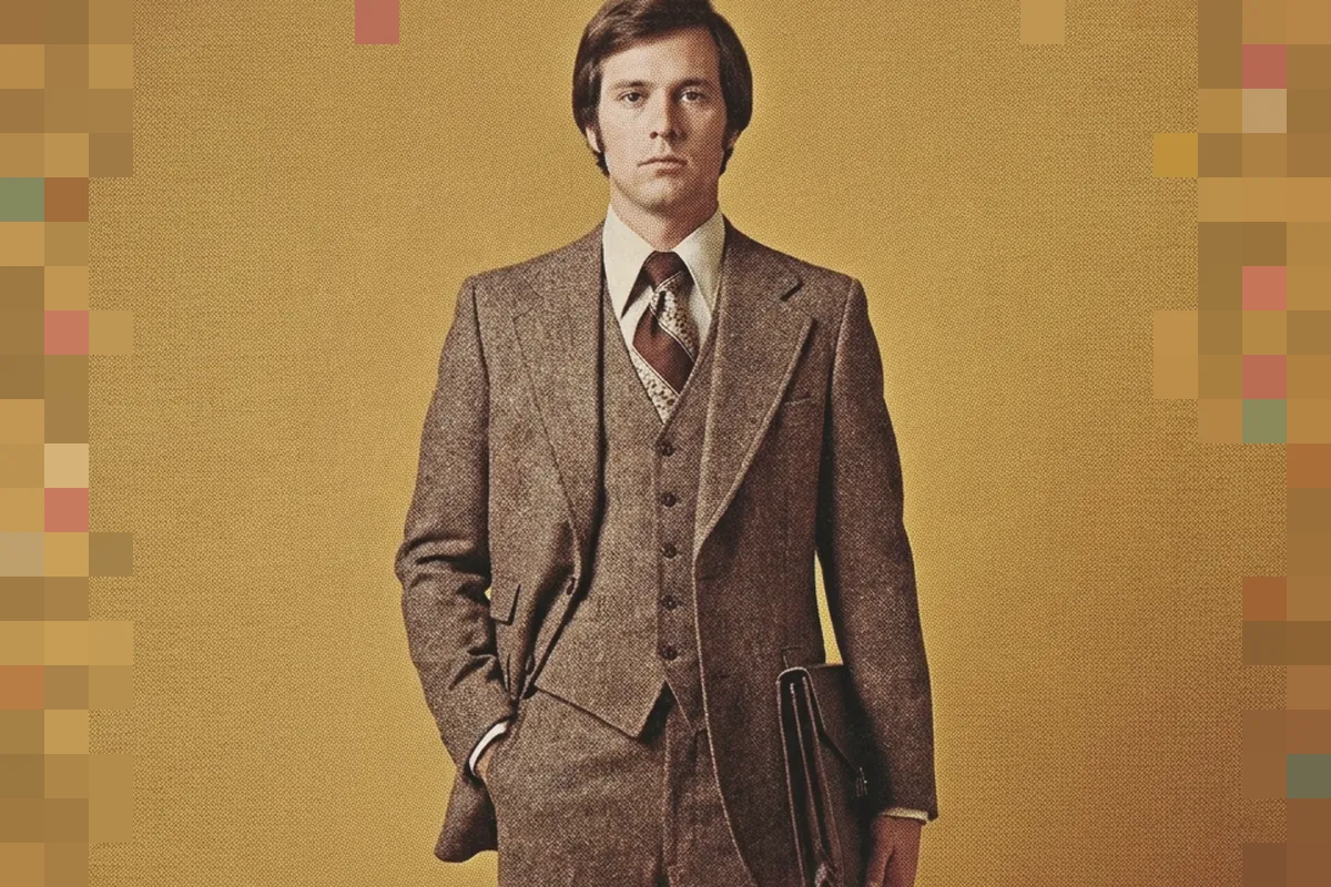 1970s catalog photo: a man in a brown three-piece suit and wide tie holds a briefcase against a mustard backdrop.